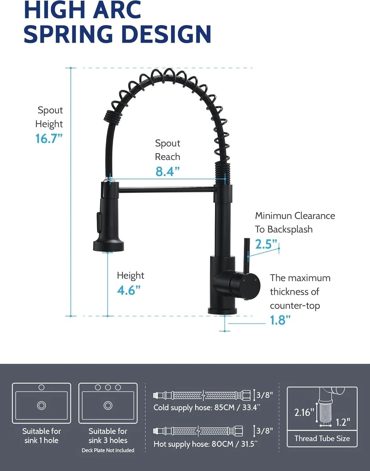 Black Kitchen Faucet with Pull Down Sprayer, High Arc Spring 304 Stainless St...