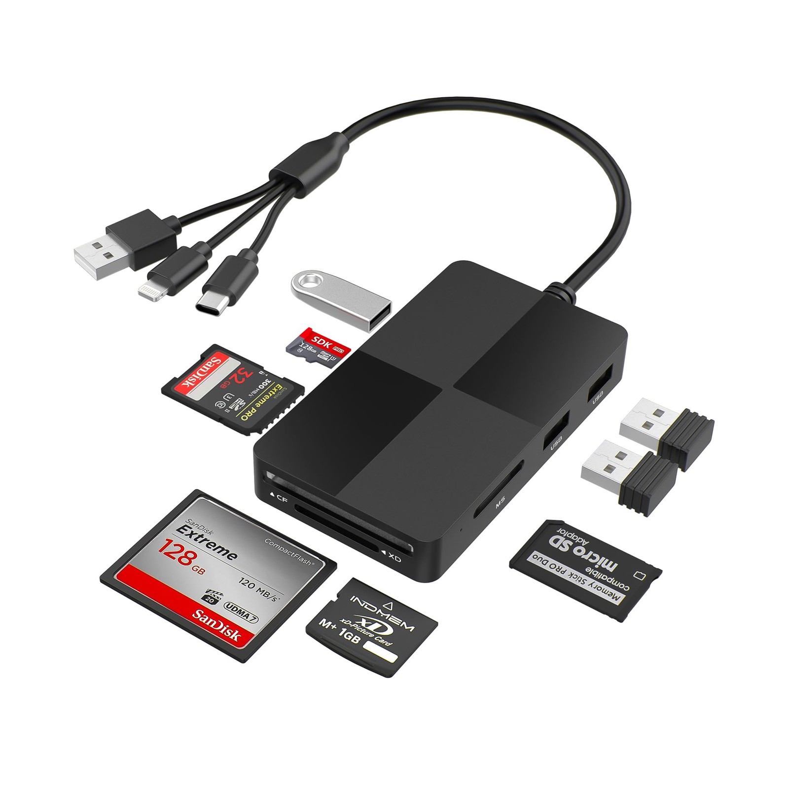 8-in-1 Memory Card Reader with 3 USB Ports, Lightning/USB-C/USB-A Black