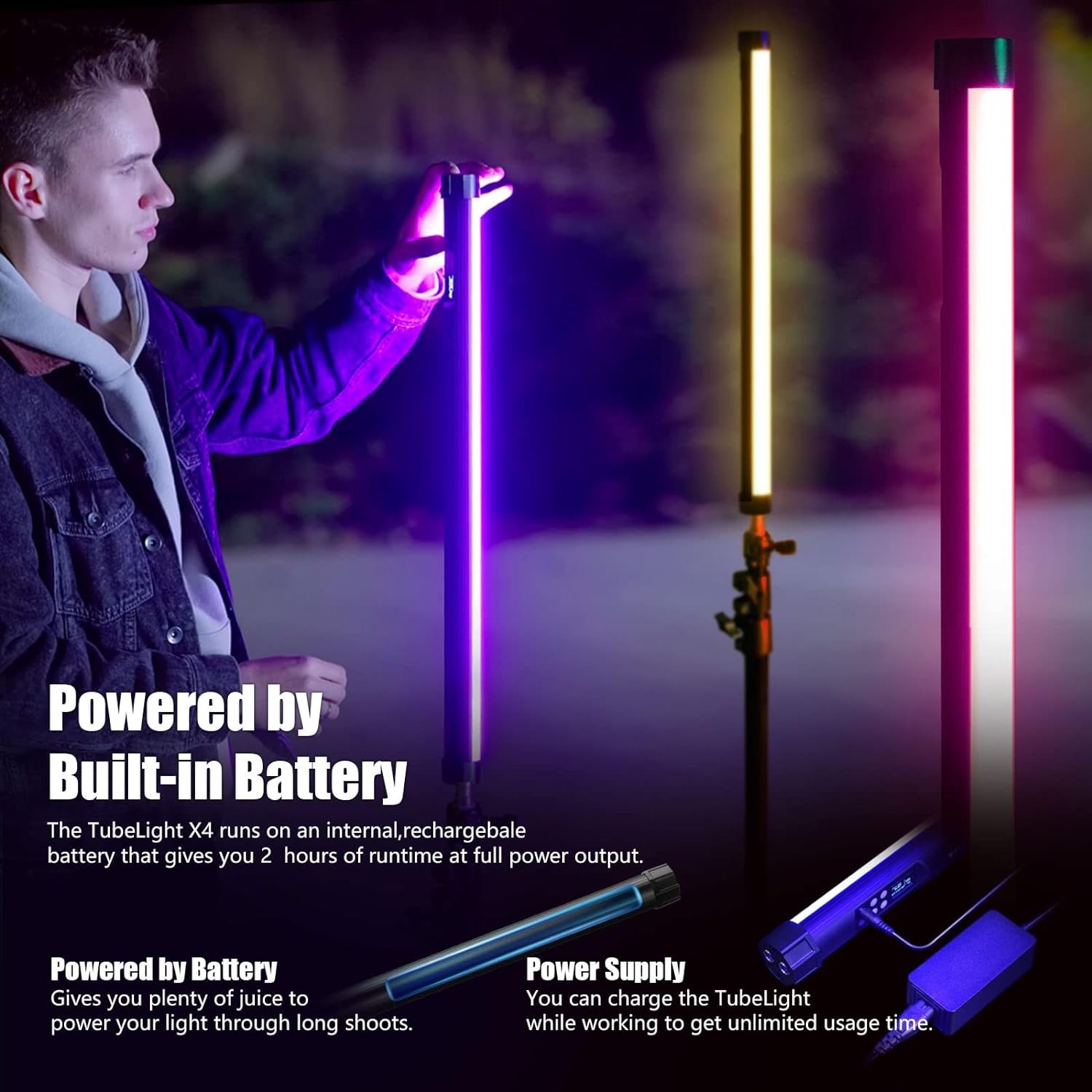 Mettlelite RGB Tube Light 4ft Video Light App Control Rechargeable