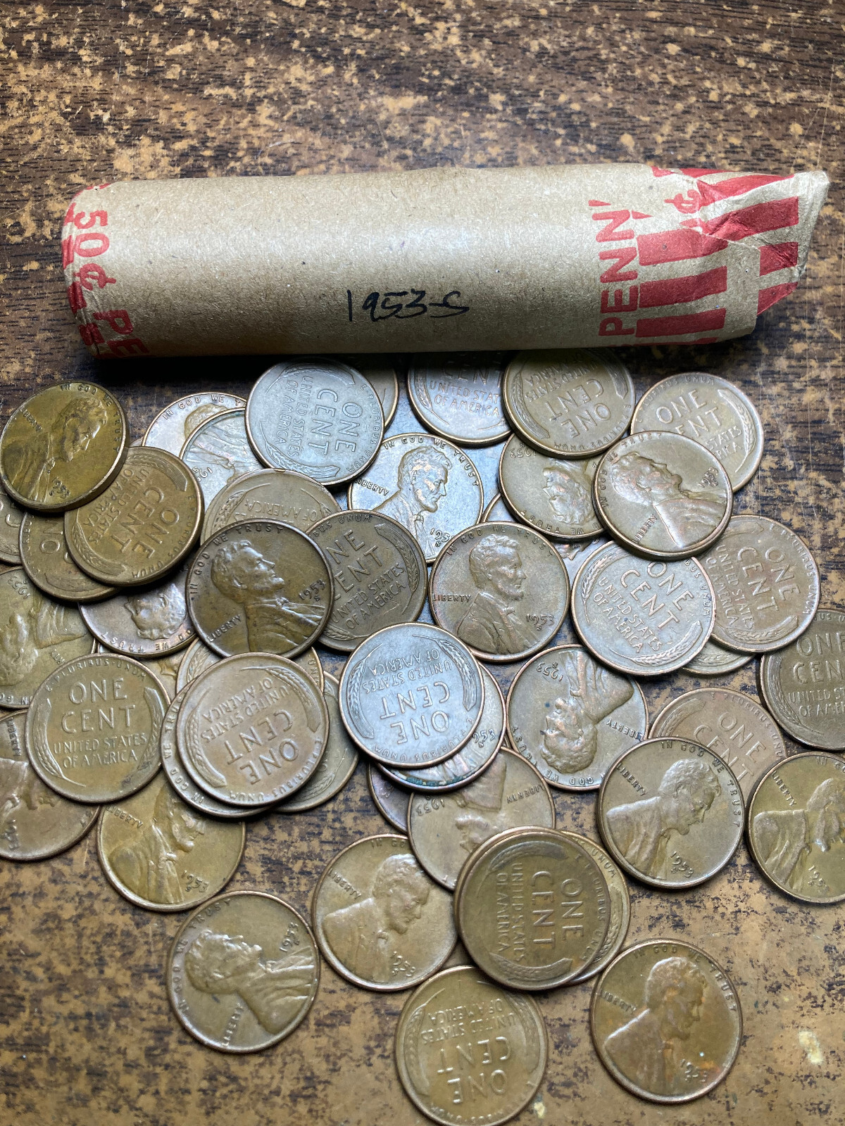 1953-S LINCOLN WHEAT CENT ROLL, nice condition