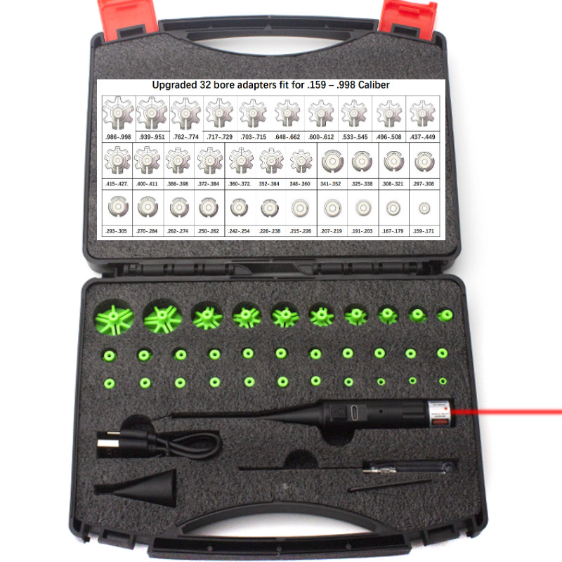 Red Laser Bore Sighter Kit 32 Adapters USB Rechargeable Boresighter Laser