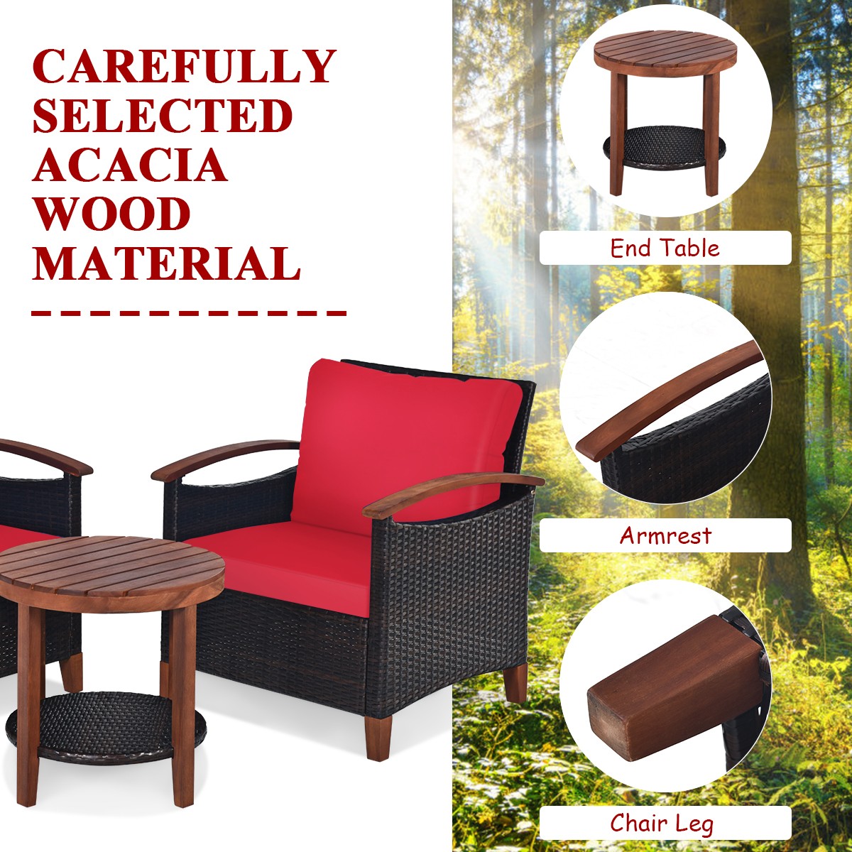 Patiojoy 3PCS Patio Rattan Furniture Set Wooden Frame Cushion Table Shelf Red