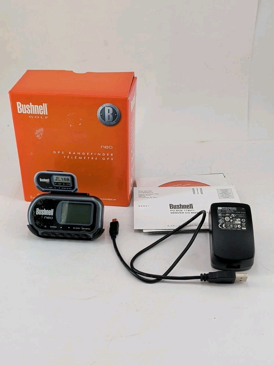 Bushnell Neo Golf GPS Rangefinder, Wall Charger USB Cable Software CD Belt Clip