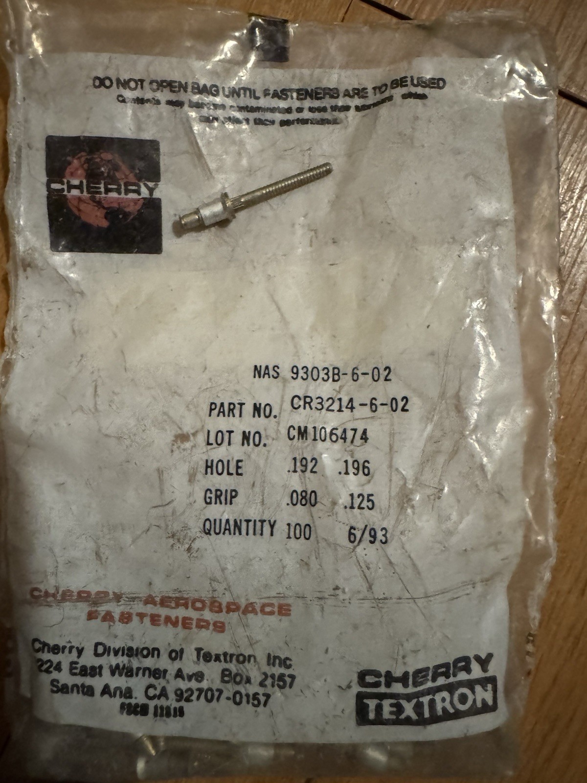 New Textron Aerospace CherryMax Rivet P/N CR3214-06-02, Quantity 5