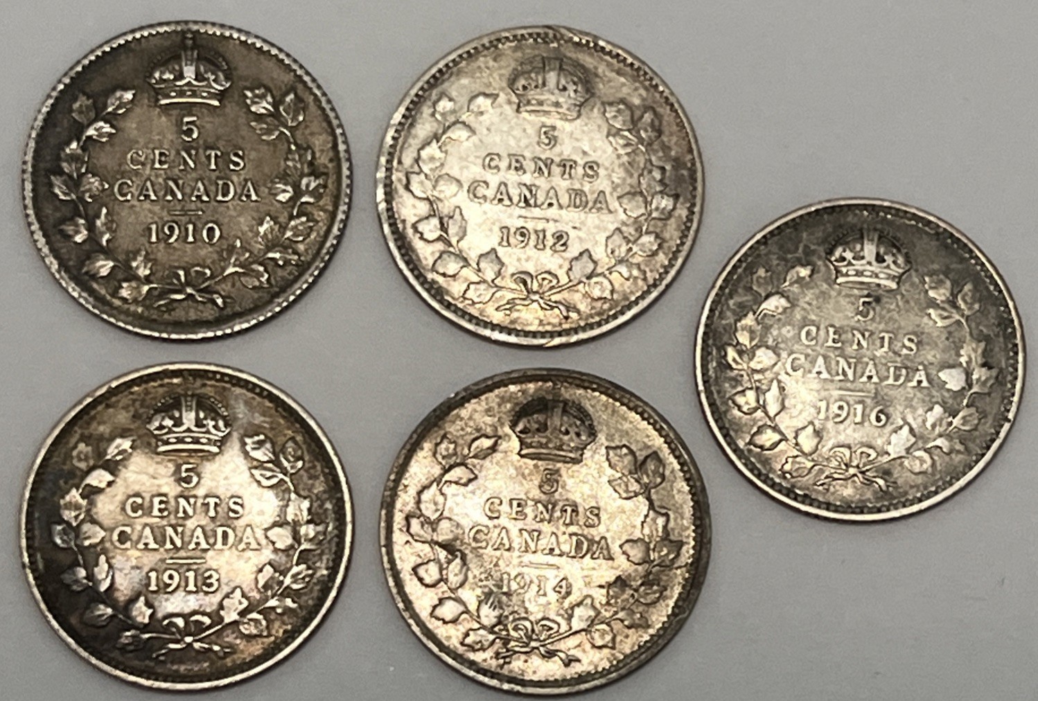 CANADA 1910 1912 1913 1914 1916 5c King Edwards VII & George V Silver 5 Coins