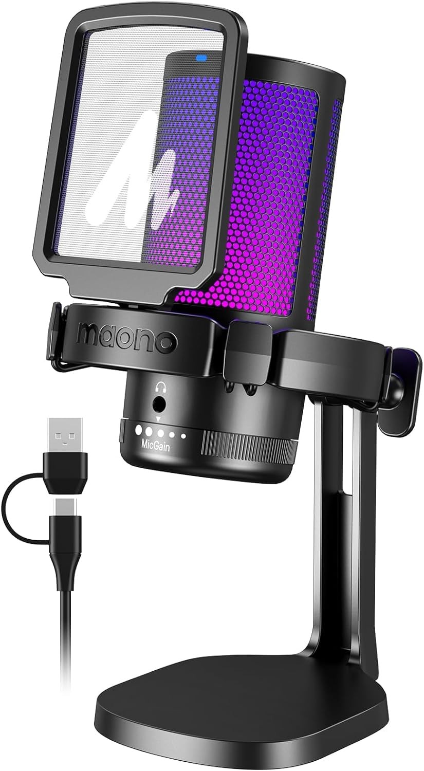 MAONO USB condenser gaming microphone RGB mute control for PC streaming use