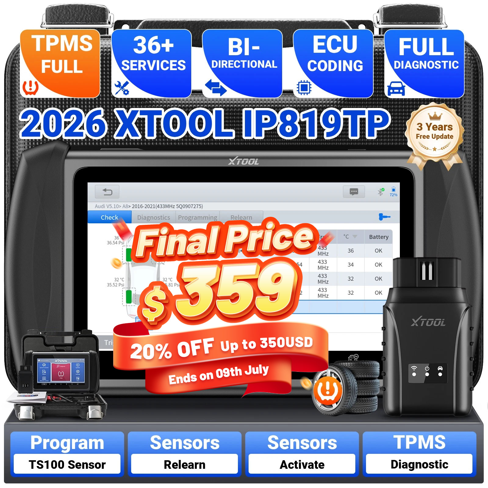 XTOOL IP819TP Car Bidirectional Diagnostic Tool OBD2 Scanner TPMS Programming