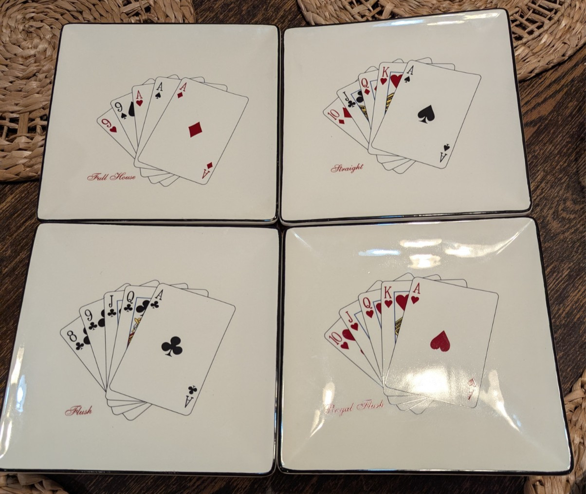 Set of 4 Designs ~ American Atelier "CASINO ROYALE"  Square Plates ~ 7 1/2"