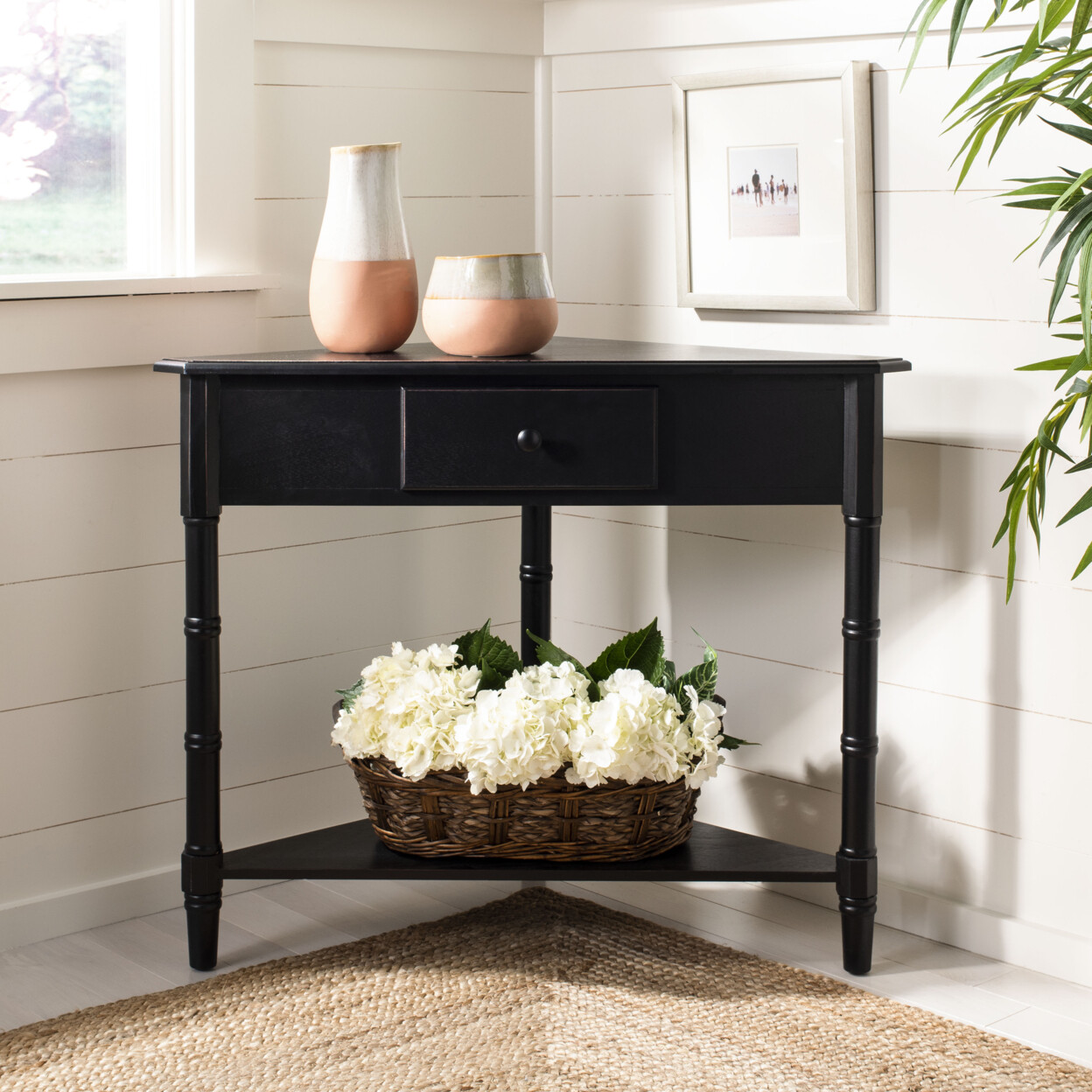 SAFAVIEH Gomez Corner Table With Storage Drawer | Distressed Black |