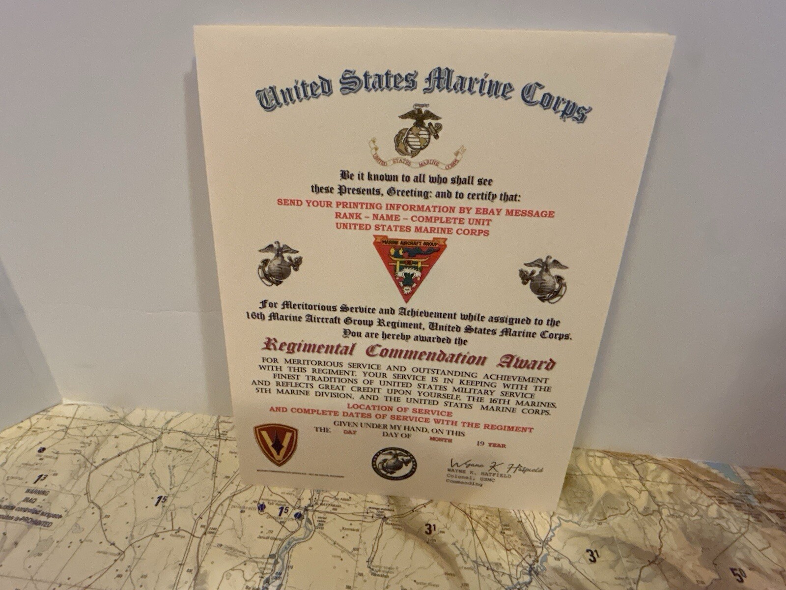 U.S.M.C. / 16TH MARINE AIRCRAFT GROUP- REGIMENTAL COMMENDATION AWARD CERTIFICATE