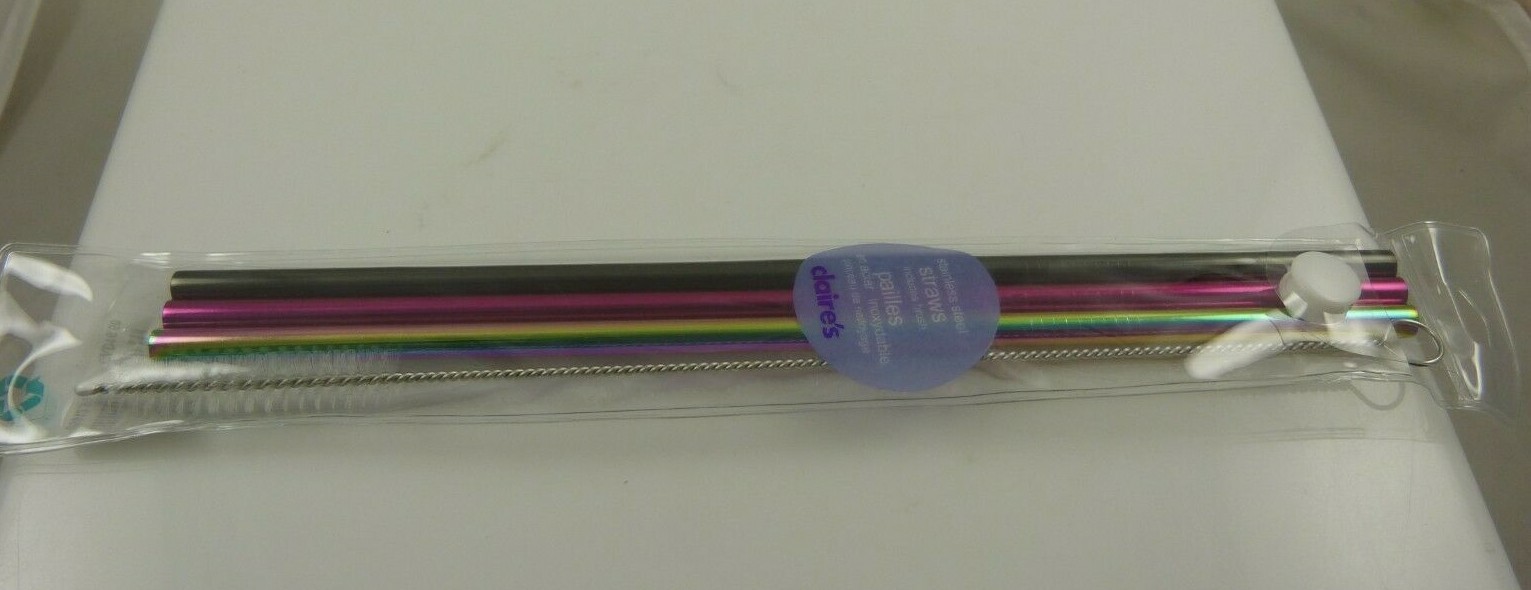 Stainless steel straws pink rainbow and black and cleaner brush