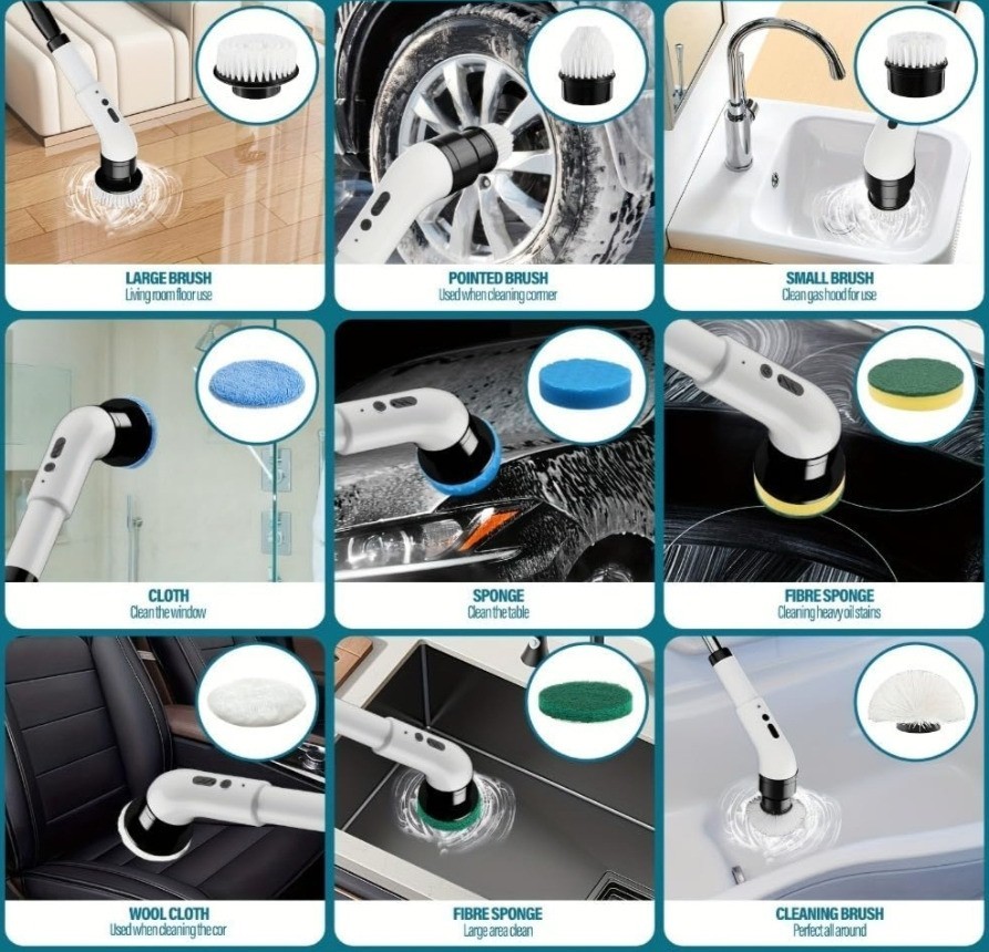 Cordless Spin Scrubber 8 Heads 2 Speed Extendable Bathroom Cleaner Tub Shower...