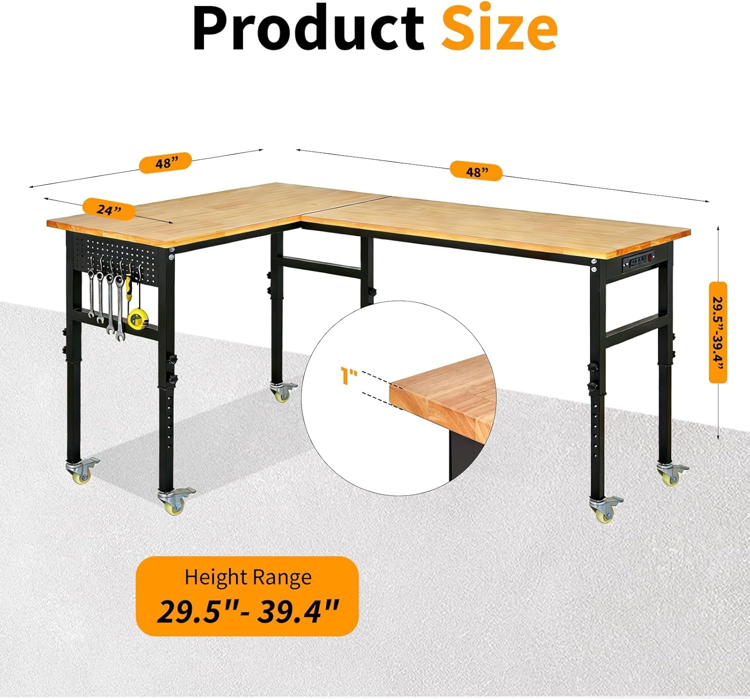 L Shaped Adjustable Workbench with Pegboard Power Outlets Wheels 2000lb Capacity