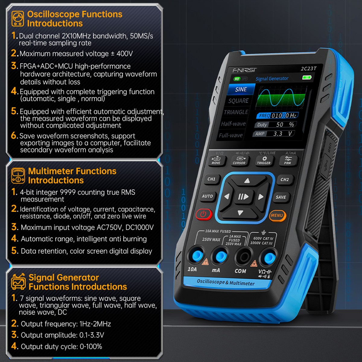 2C23T 3-IN-1 Handheld Digital Oscilloscope Multimeter+Function Signal Generator