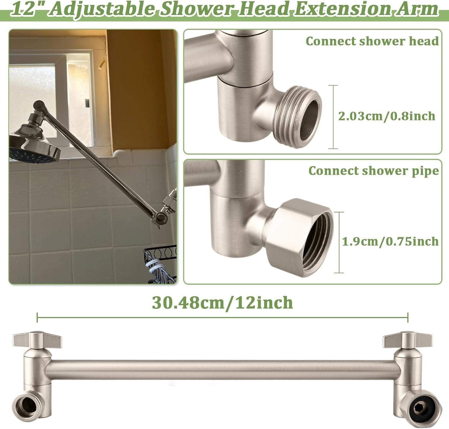 Rain Shower Head Extension 12 Inch Adjustable Brushed Nickel