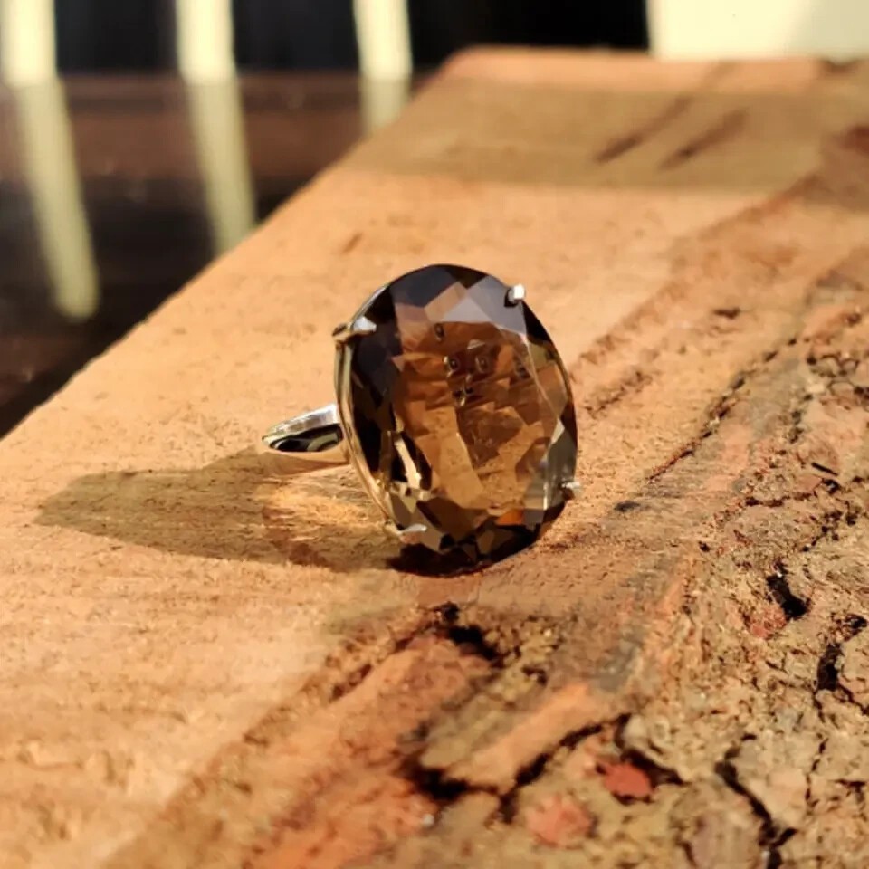 Boho Smoky Quartz Ring Solid 925 Silver Handmade Prong Women Ring All Size SR755