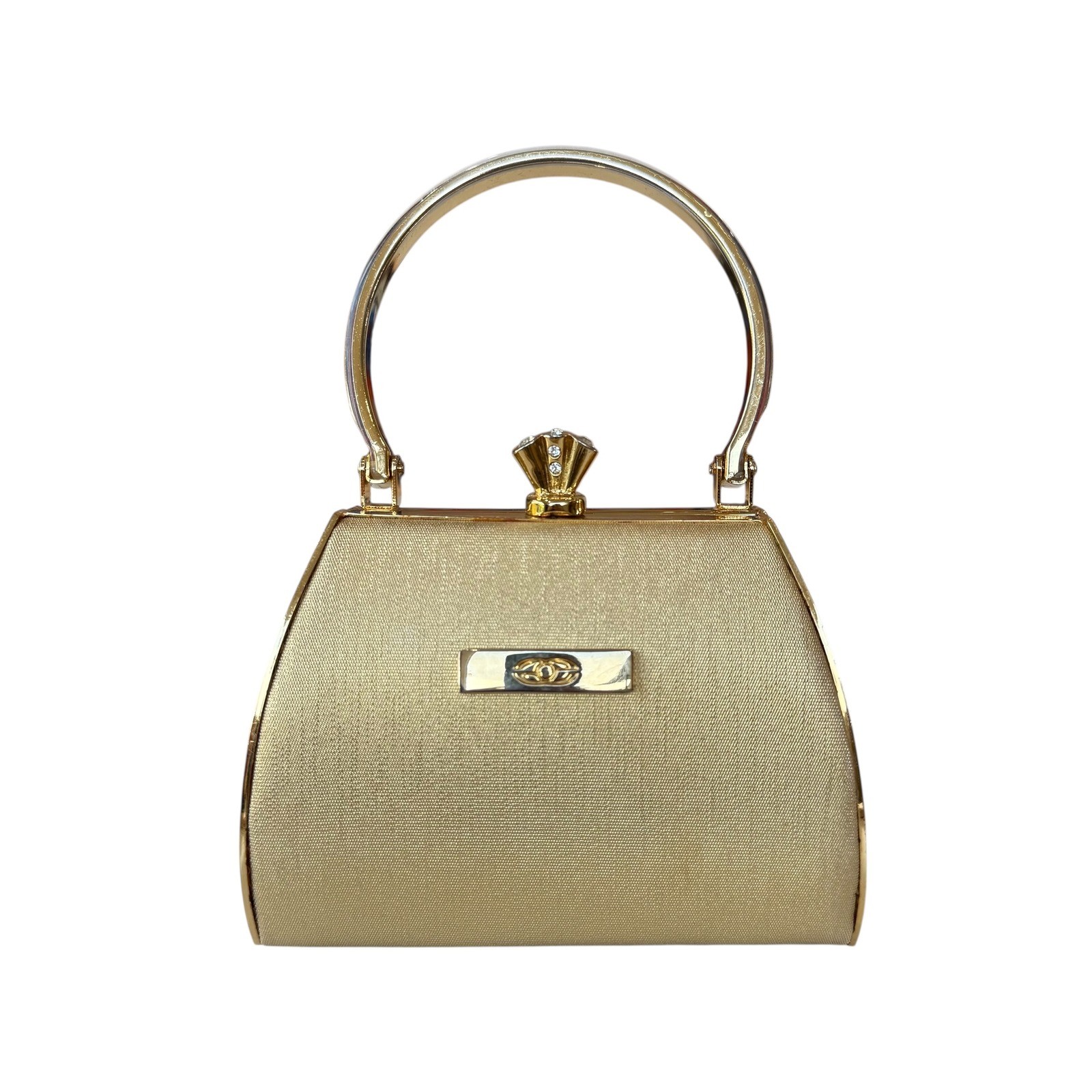 Gold Evening Clutch Handbag with Rhinestone Kiss Lock and Chain Strap