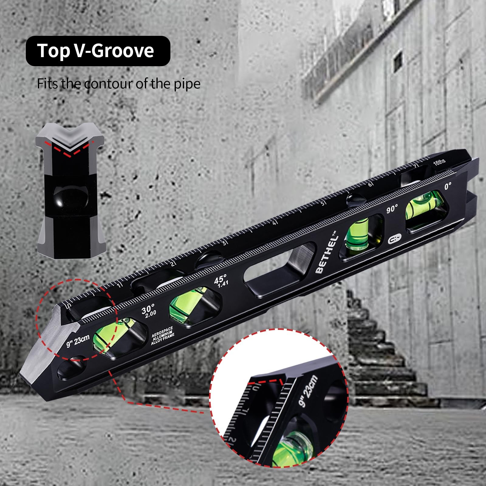 BETHEL 9 Inch Magnetic Torpedo Level with 4 Bubble Vials, V-Groove Black 9in