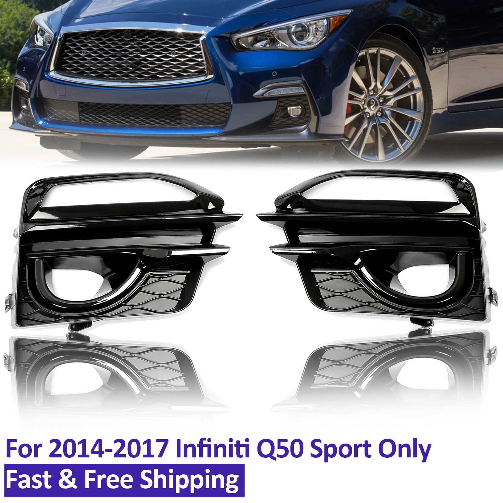 For 2014-2017 Infiniti Q50 Sport Front Bumper Gloss Black Fog Lights Cover Bezel