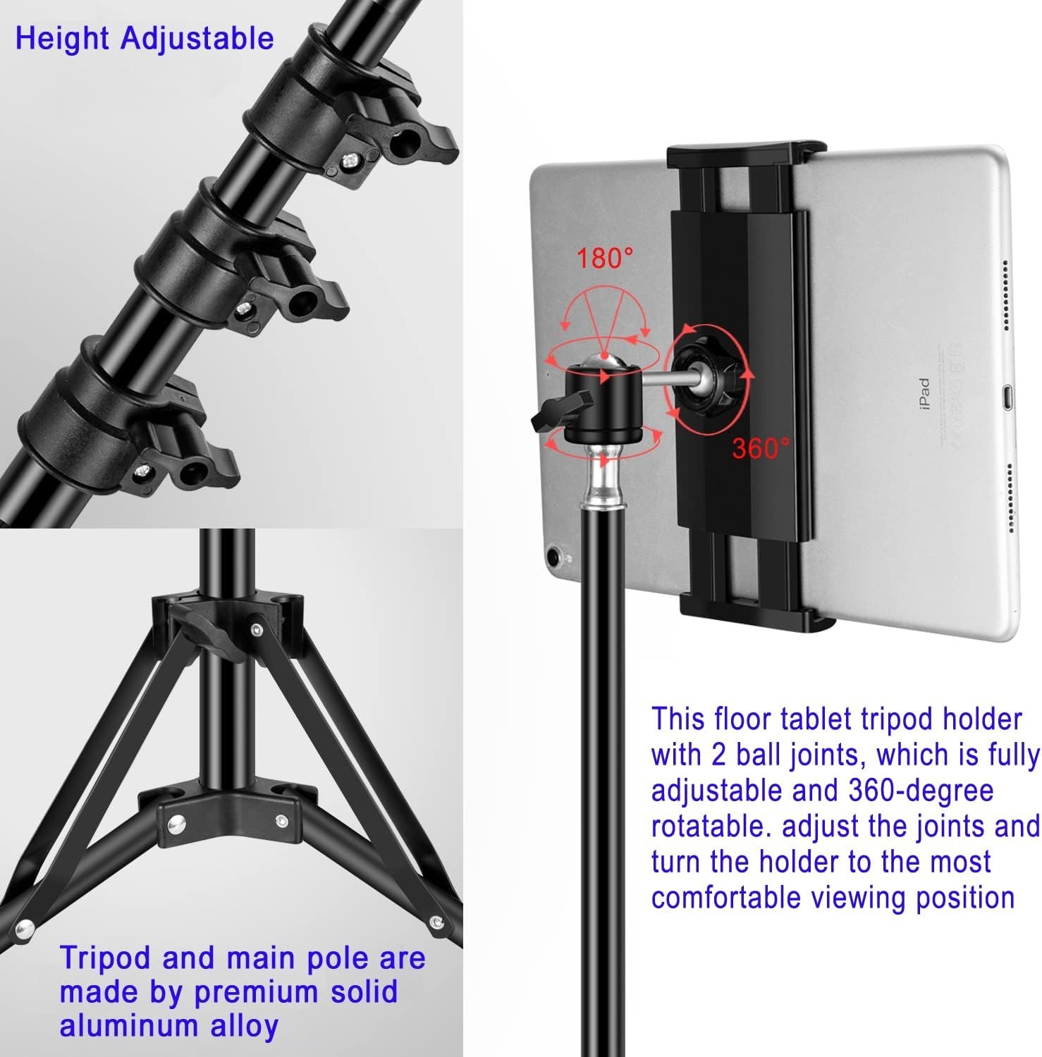 Adjustable 65 Inch Height Tripod Stand for iPad and Tablets