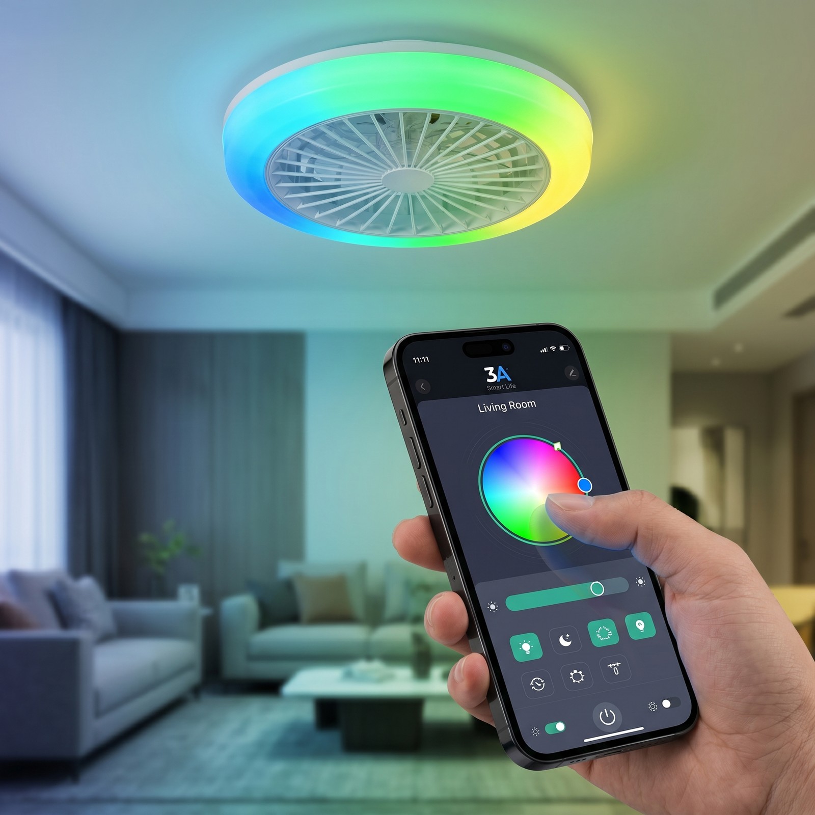 18 in Remote APP Control Smart RGB Ceiling Fan with Light White Flush Mount Kit