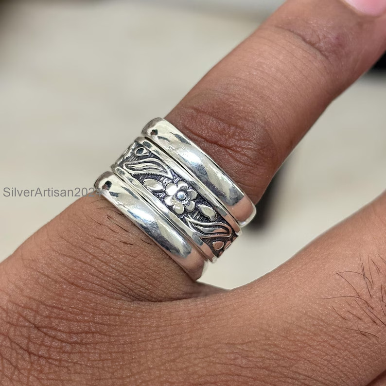 Sterling Silver Ring Set: Handmade Boho Stacking MidiSet: Ring Floral Design