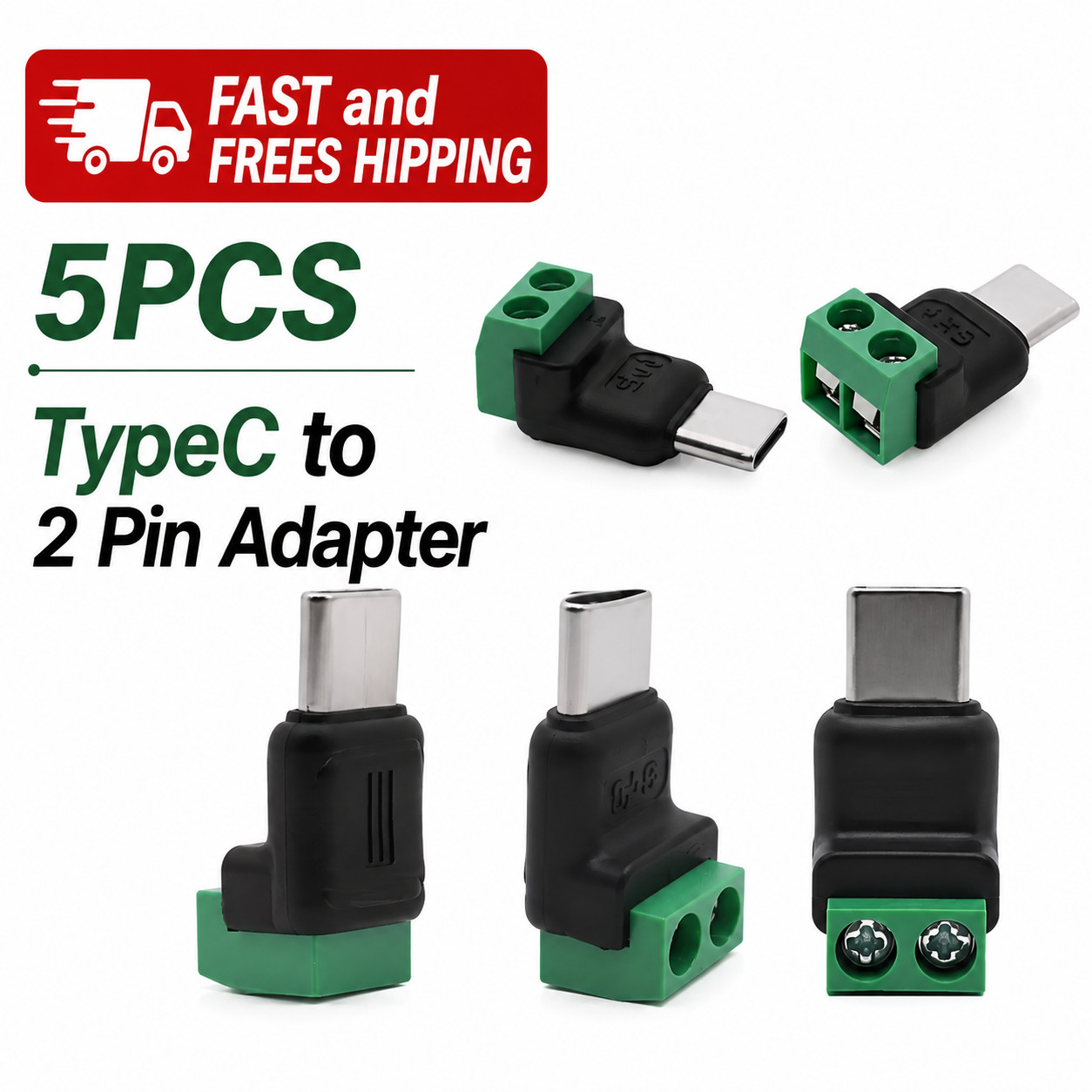 5pcs Type-c to 2 Pin Adapter Quick Connect Terminal Diy Electronics