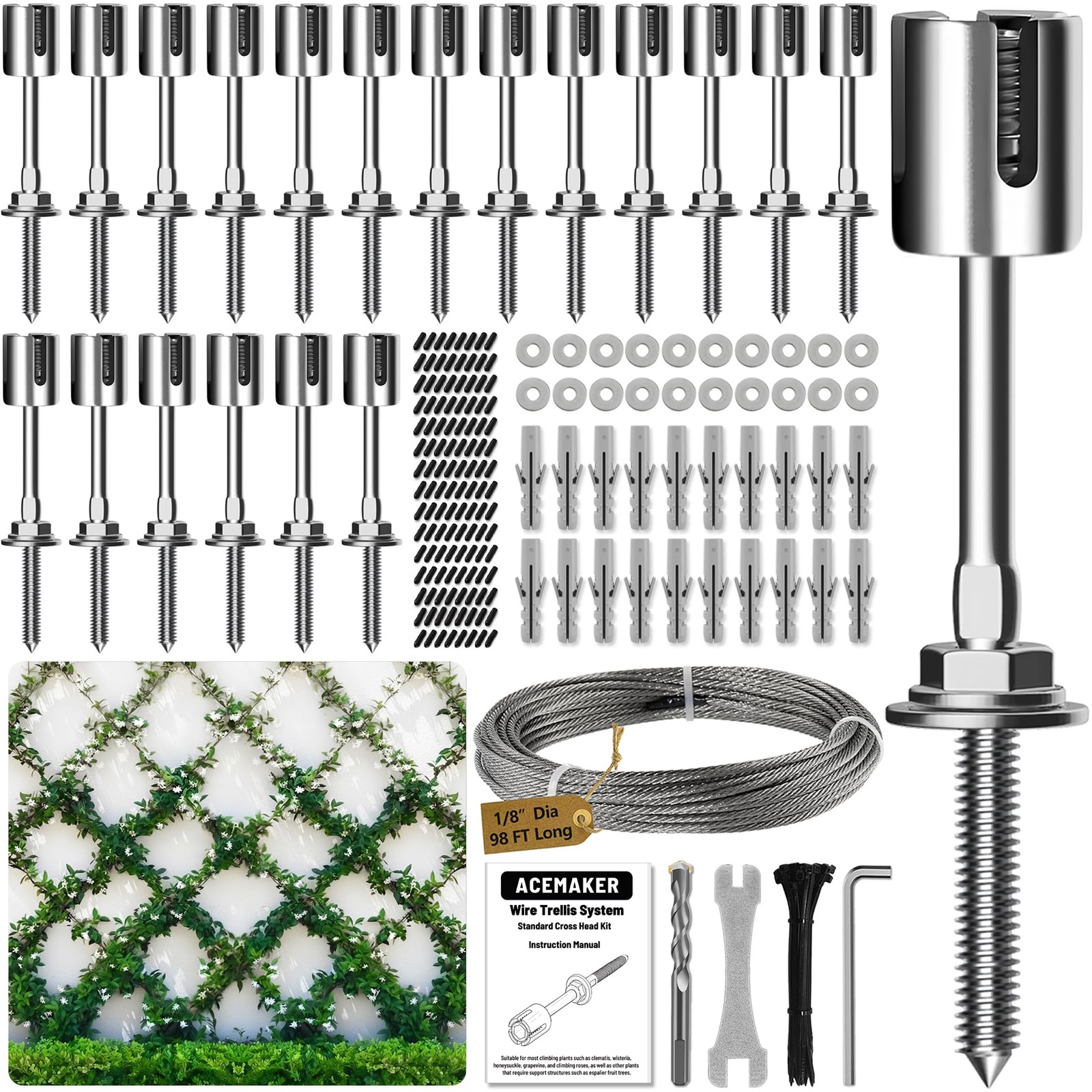 Acemaker Wire Trellis for Climbing Plants Outdoor, 20-Set 20 Sets, Hubs+Cable