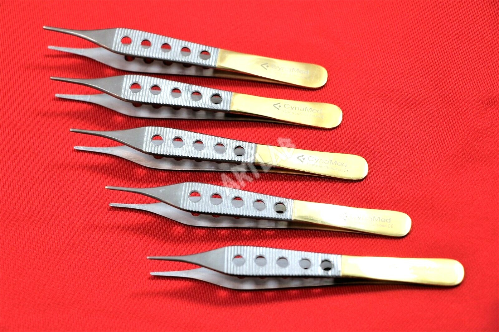 5 EA PREMIUM GERMAN ADSON FORCEPS DRESSING FINE 4.75" FENESTRATED GOLD HANDLE