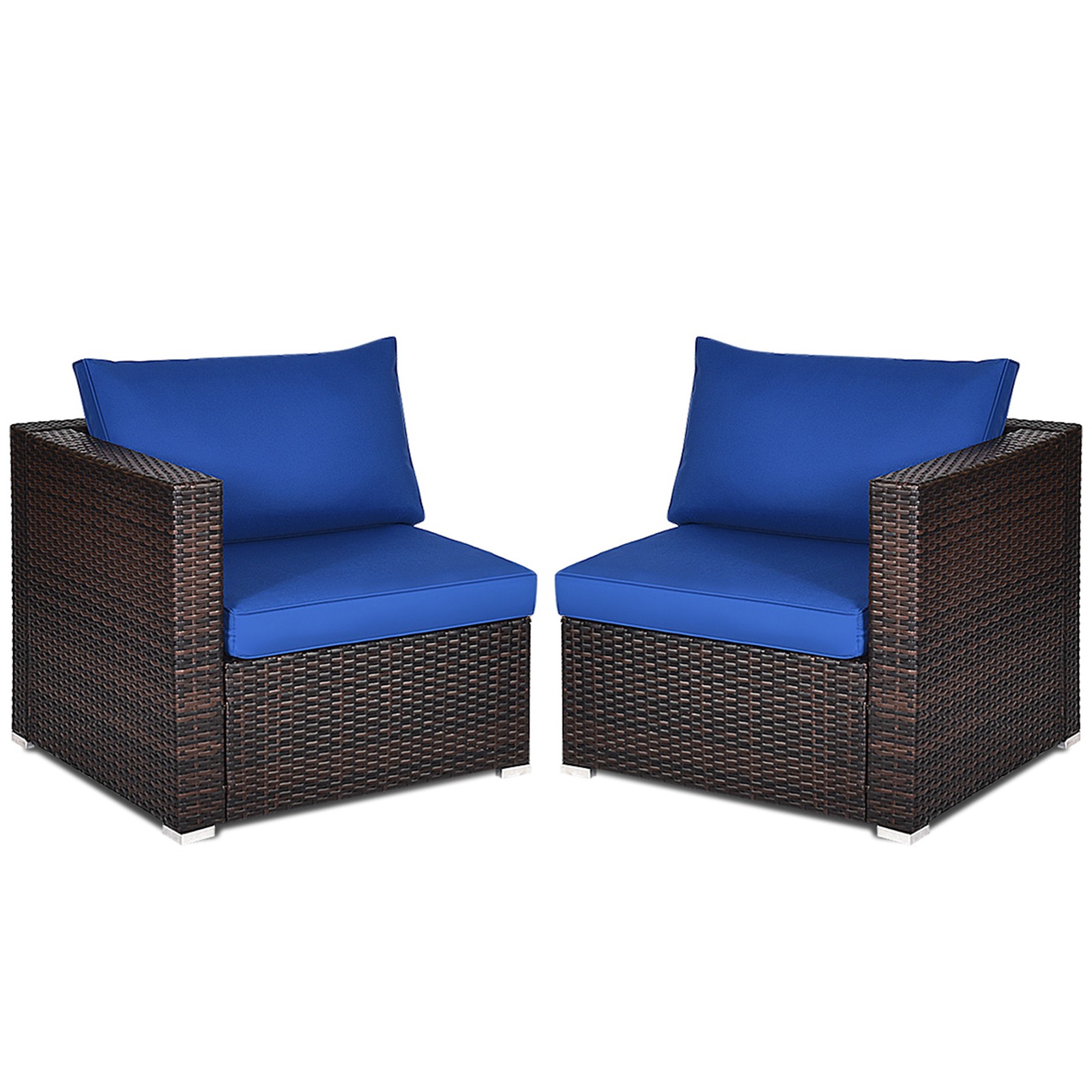 2PCS Rattan Corner Sofa Set Patio Outdoor Furniture Set w/ 4 Navy Cushions