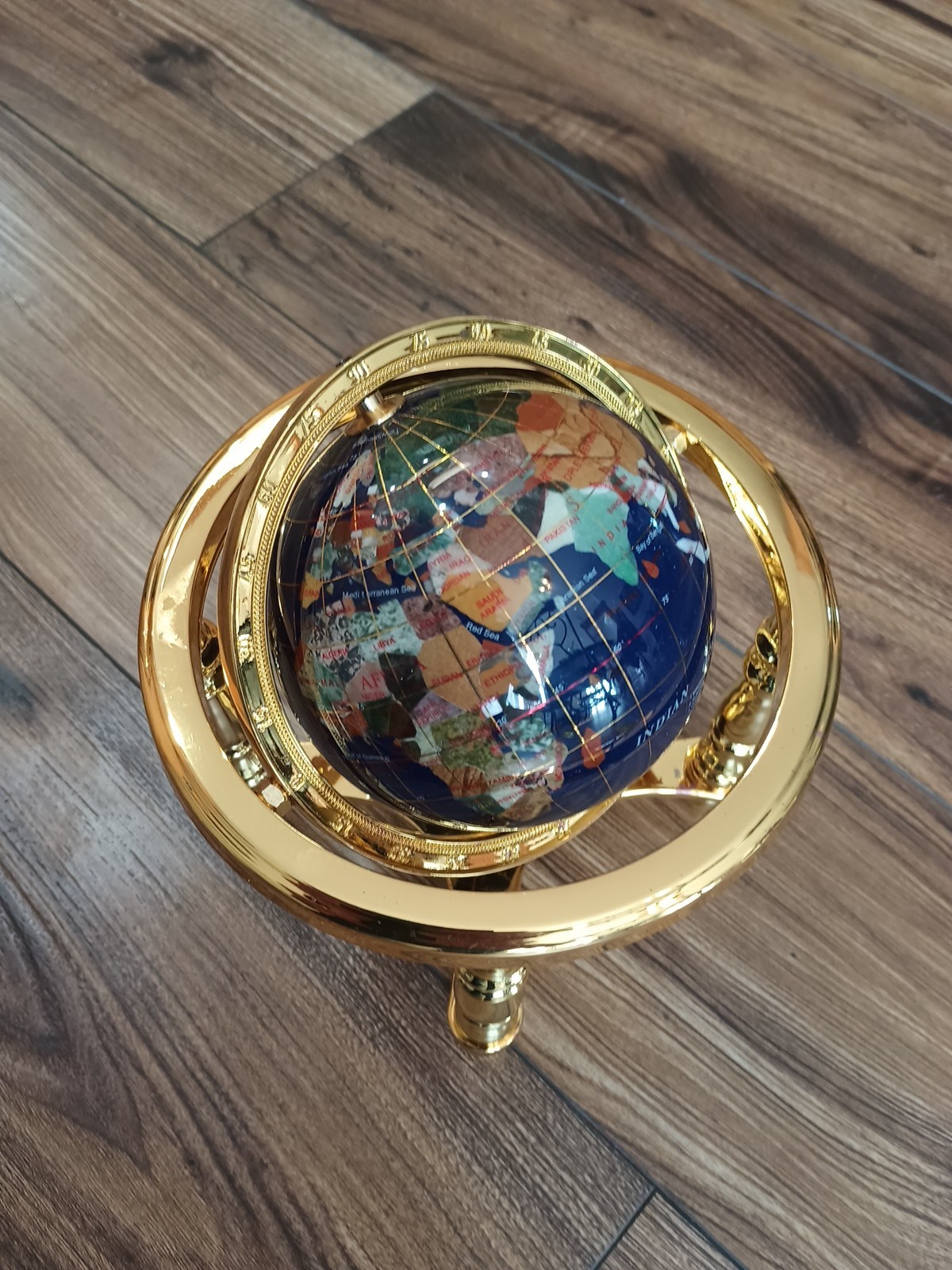 Gemstone World Globe w/ Gold-Toned Brass Stand W/Compass