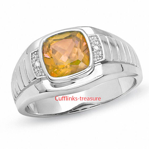 Natural Citrine & CZ Gemstone with 925 Sterling silver Ring for Men's #5642