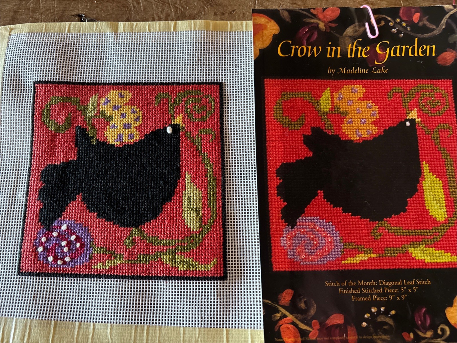 Crow In The Garden Needlepoint Canvas Completed Madeline Lake Black Bird