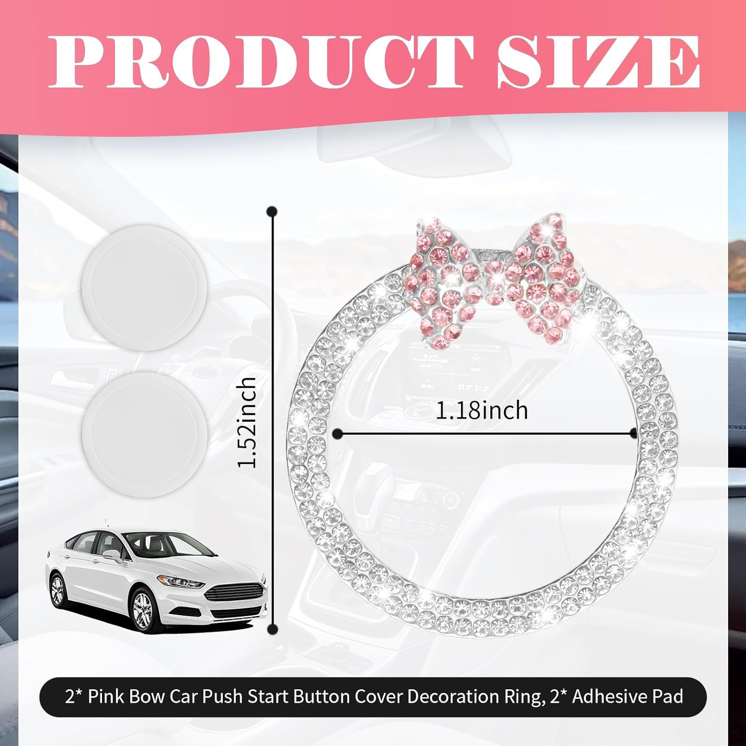 2PCS Pink Bow Car Engine Start Button Cover,Bling Cute Car Push to Start Button