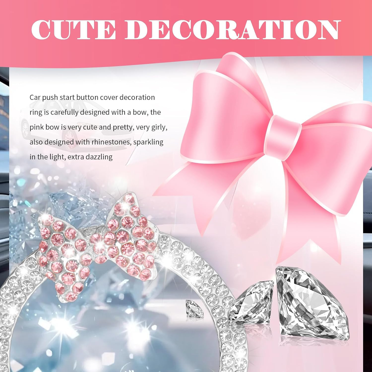 2PCS Pink Bow Car Engine Start Button Cover,Bling Cute Car Push to Start Button