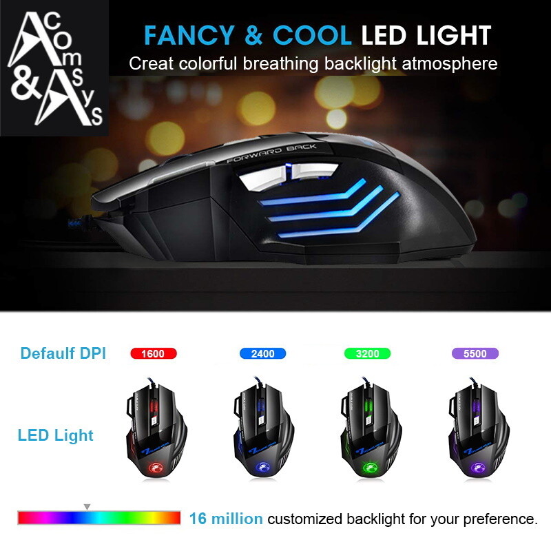 7 Button PC Gaming Mouse Illuminated Optical USB Gamer Mouse 2400DPI Computer #G