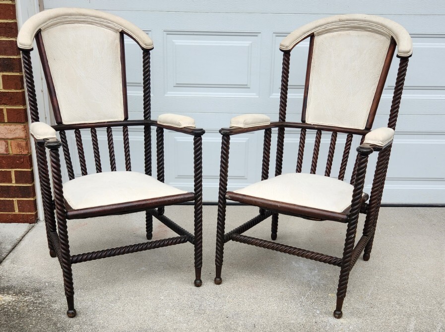Pair Antique Vintage Barley Twist Wood Chairs Armchairs Buyer$ship UNIQUE