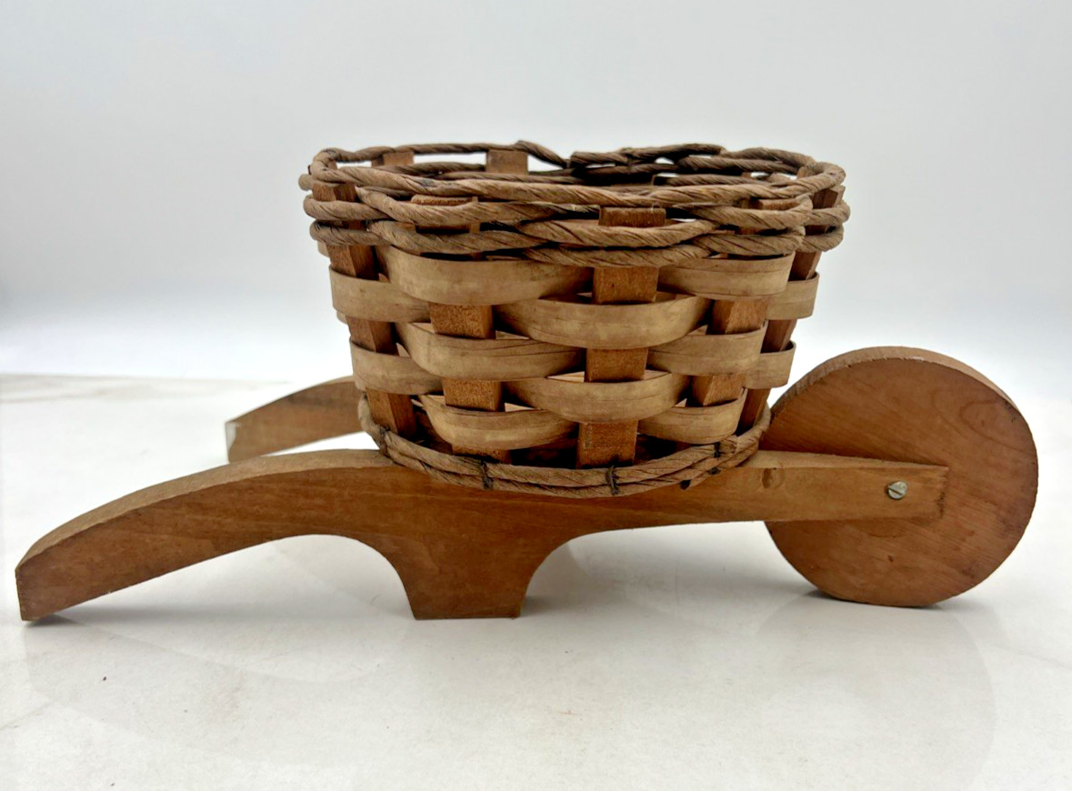 Vintage Wood Wheelbarrow Basket Planter Brown Miniature 10" Long