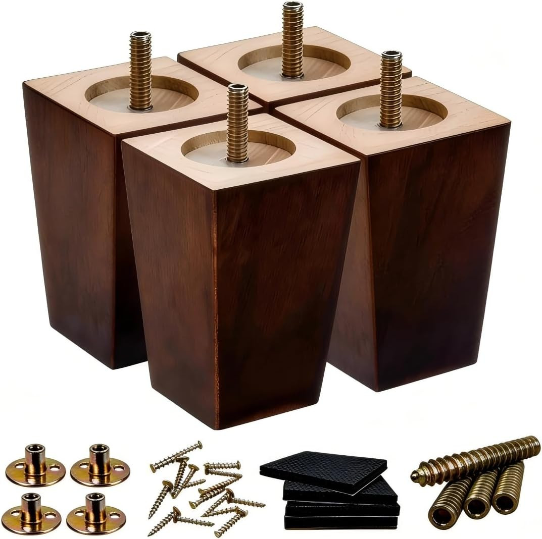 Square Wood Furniture Legs 5 Inch, Rubberwood Sofa Legs Replacement Set of 4, Bo
