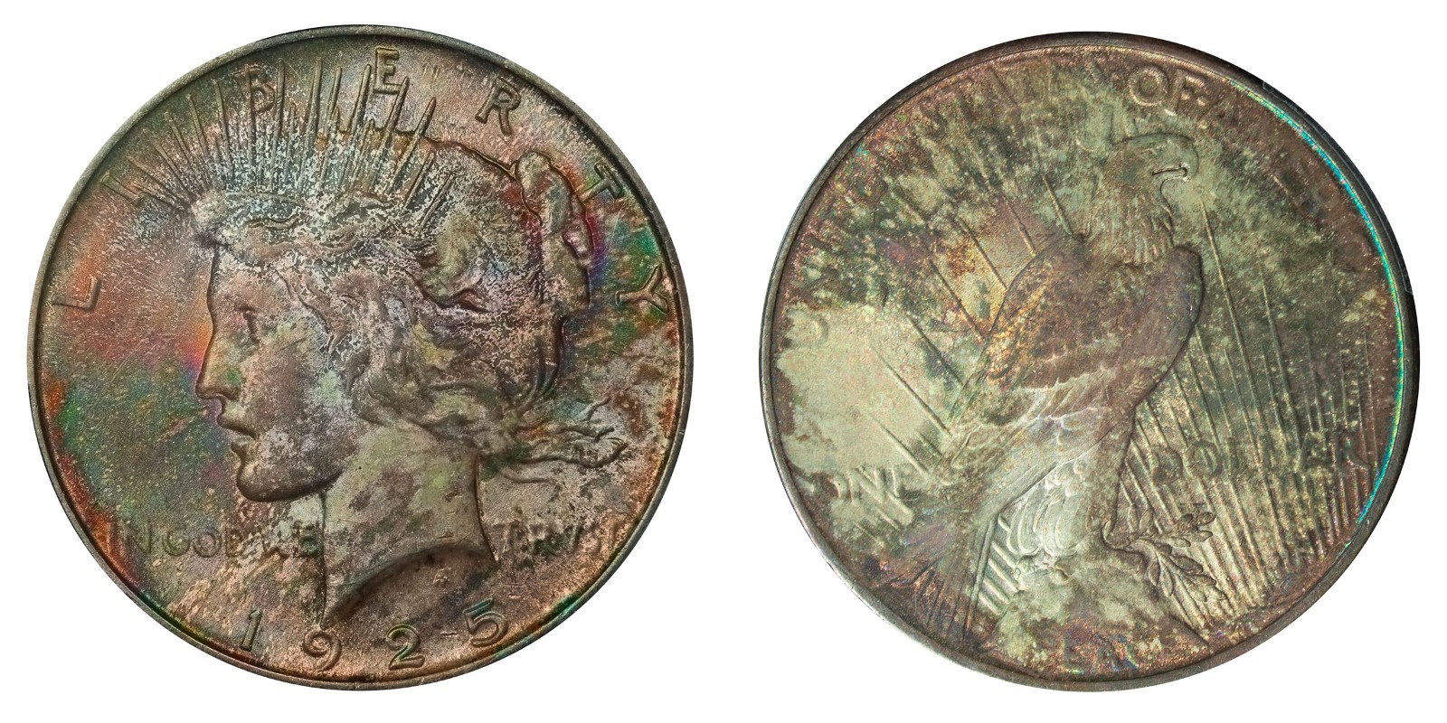 1925-P PCGS MS64 PEACE $$ GORGEOUS COLORFUL RAINBOW TONING (VIDEO) **