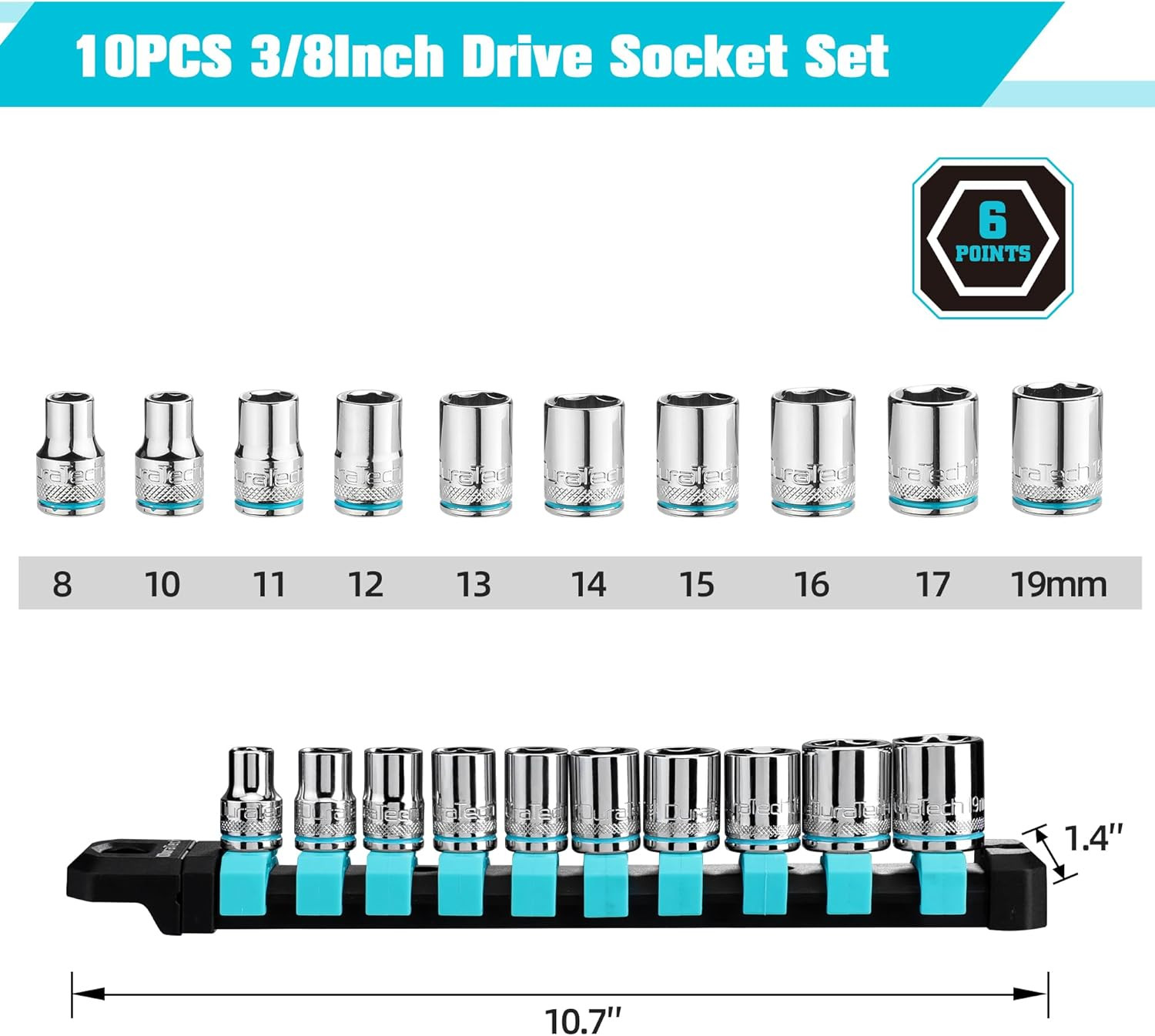 10 PCS 3/8" Drive Metric Socket Set with Storage Rack 6 Point Shallow Socket Set