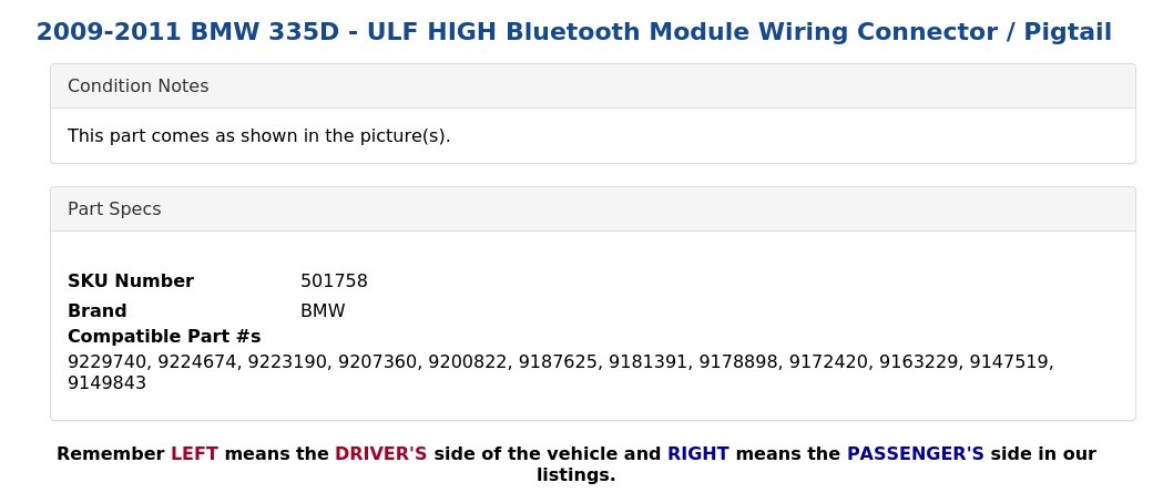 2009-2011 BMW 335D - ULF HIGH Bluetooth Module Wiring Connector / Pigtail