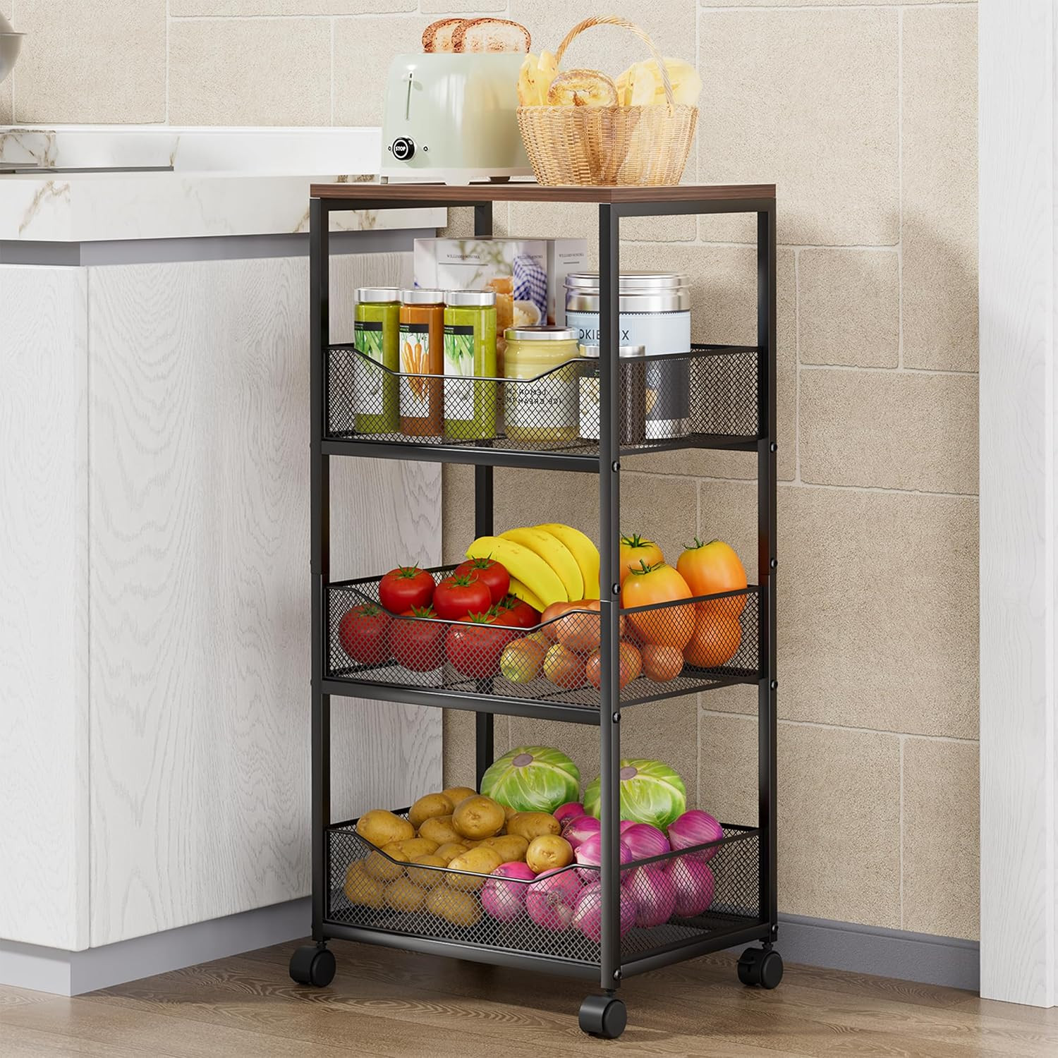 Fruit Basket Kitchen Cart - 4-Tier Rolling Storage Cart with Wheels, Fruit Veget