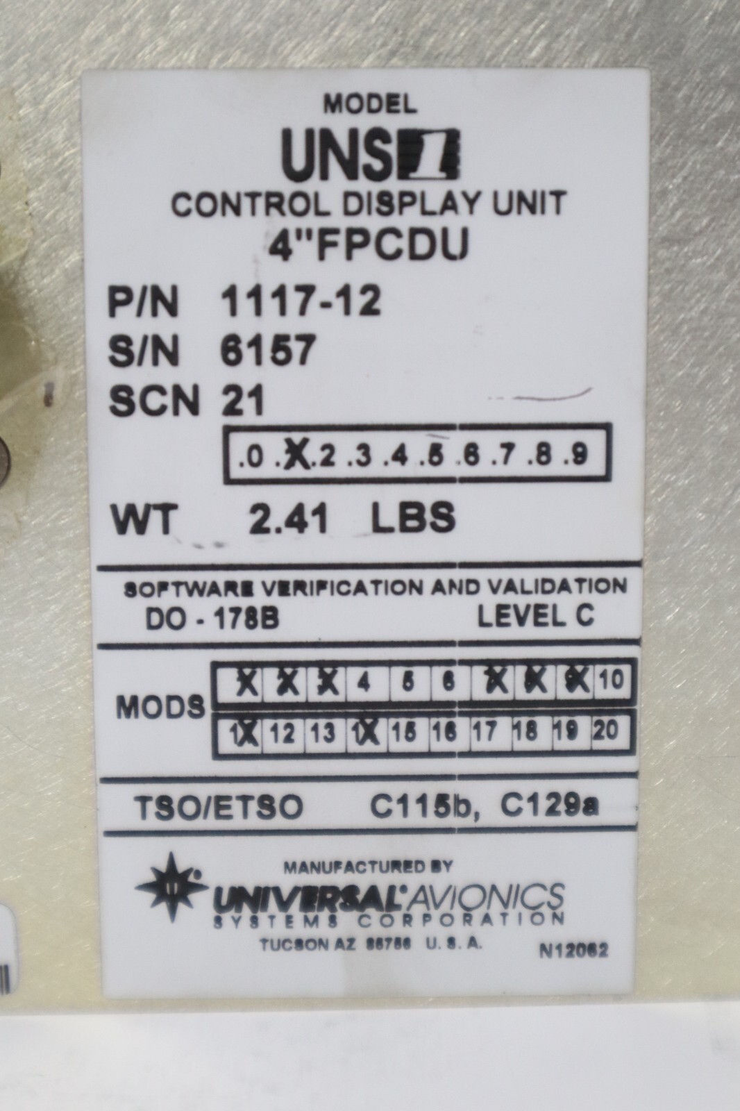 Universal Avionics UNS1 Control Display Unit FPCDU 1117-12 Removed Working