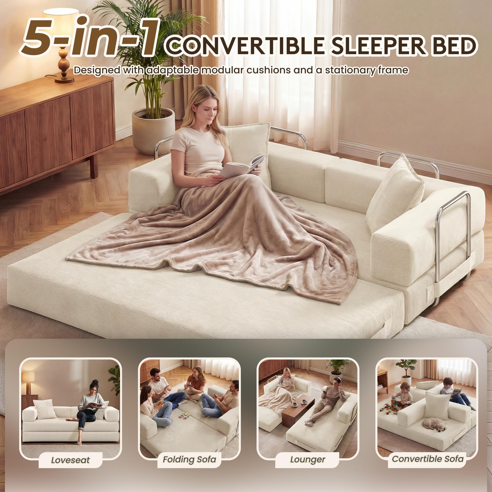 Convertible 78 Inch Folding Futon Sleeper Sofa Bed with Fixed-Shape Frame