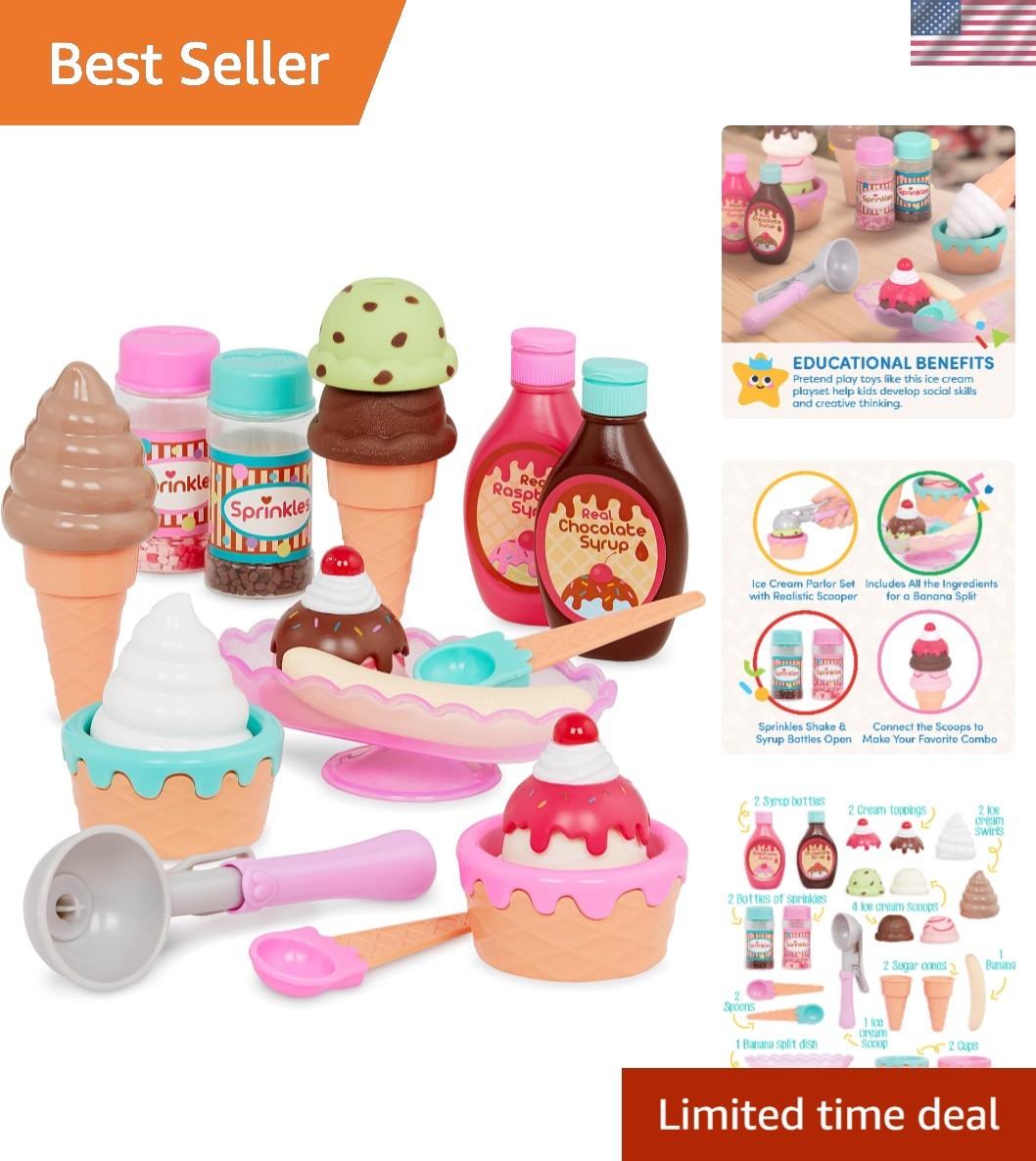 Sweet Treats 21-Piece Ice Cream Parlour Set for Creative Pretend Play, 3+ Yrs