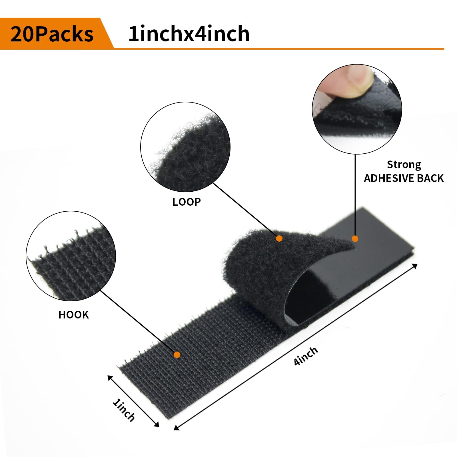 20 Pack 1x4 Inch Hook and Loop Strips with Adhesive Fasten Mounting Tape