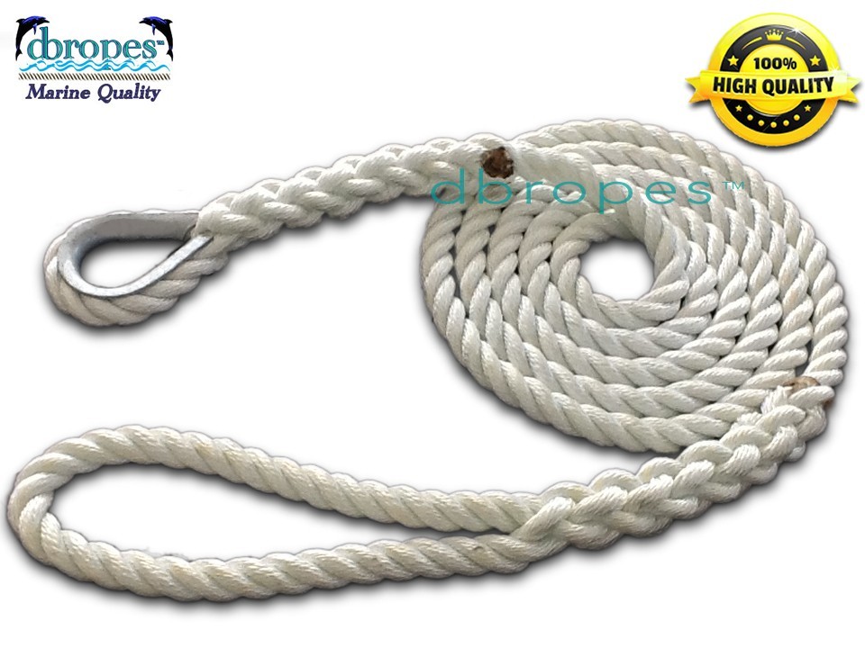 3 Strand Mooring Pendant 100% Nylon Rope 3/4" X 20' w/ Thimble. TS. 13800 Lbs.