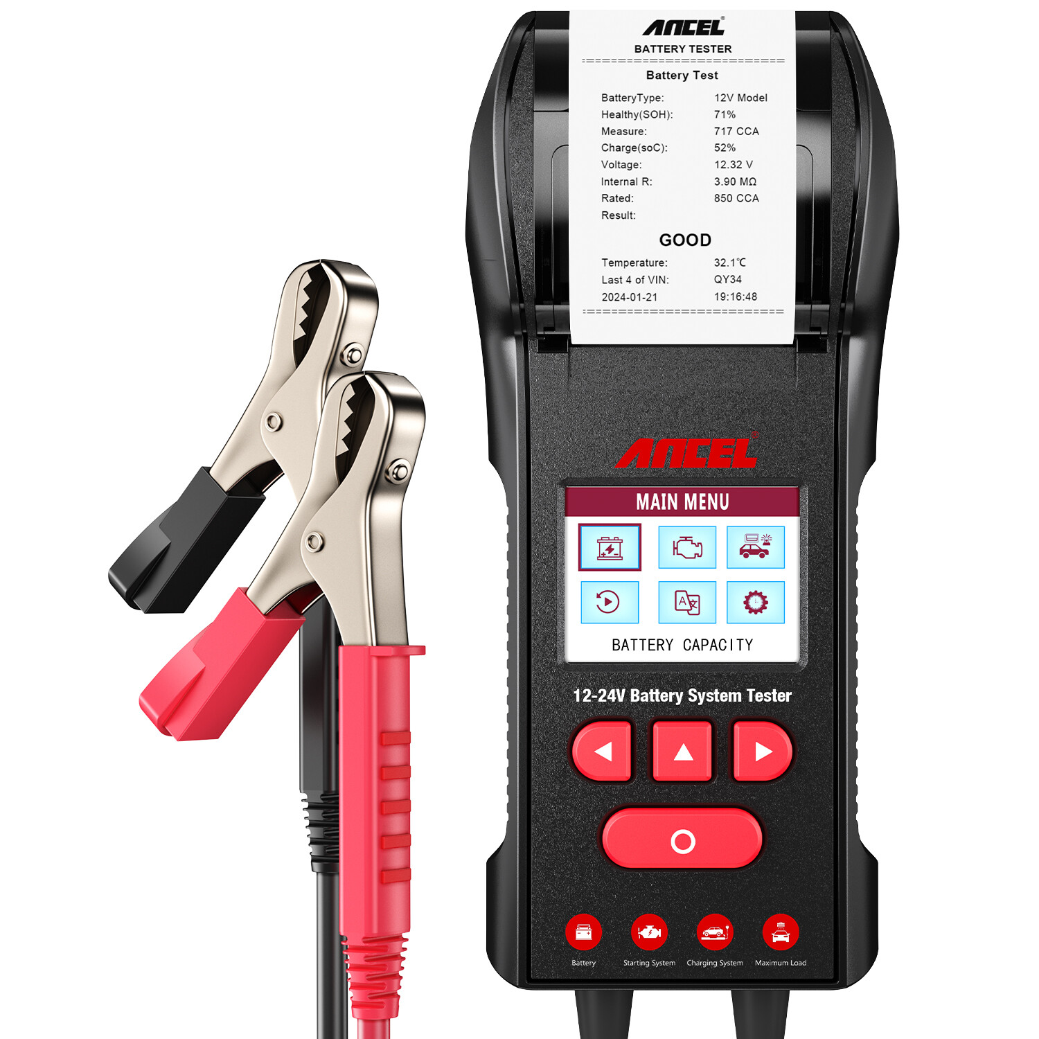 ANCEL BST600 Car Battery Tester with Printer - 12V/24V, 100-2000 CCA, Black