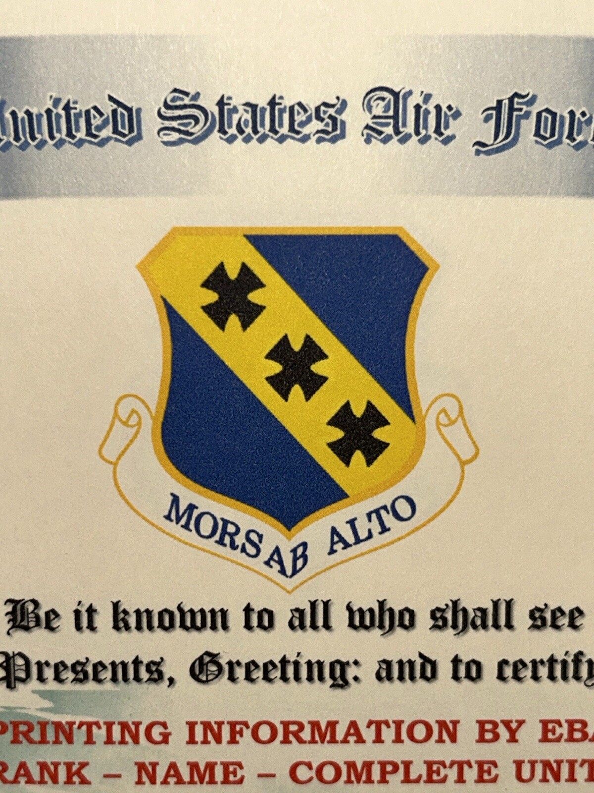 U.S.A.F. / AIR FORCE 7TH BOMB WING - CERTIFICATE OF ACHIEVEMENT